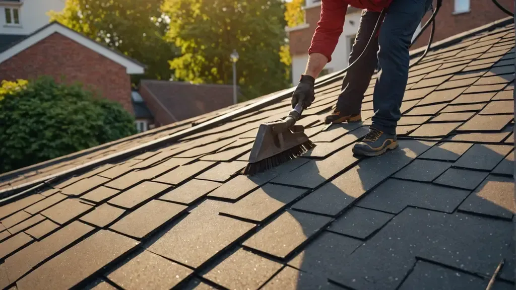 A man is cleaning a roof with a broom.