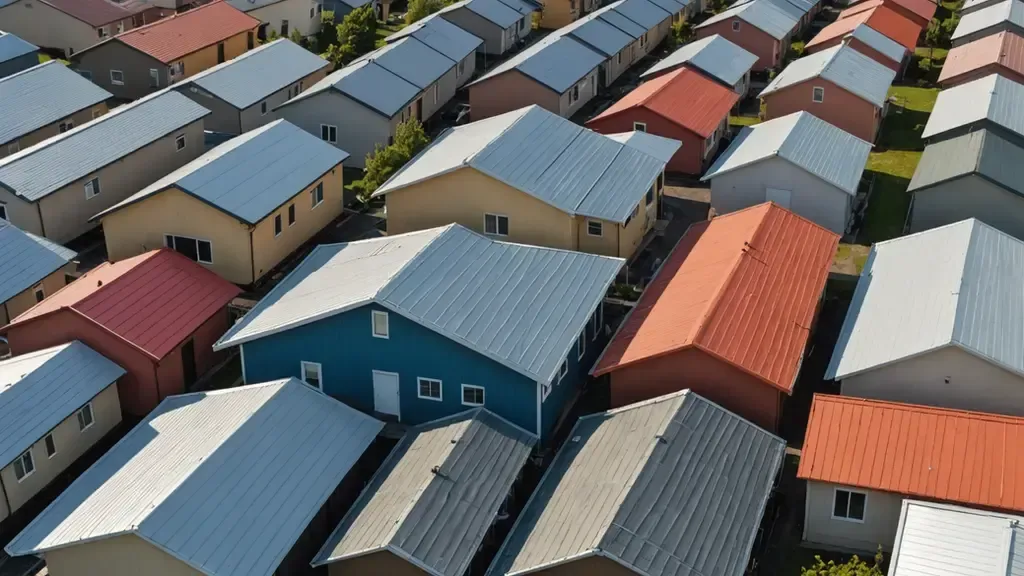 An aerial view of a row of houses with different colored roofs