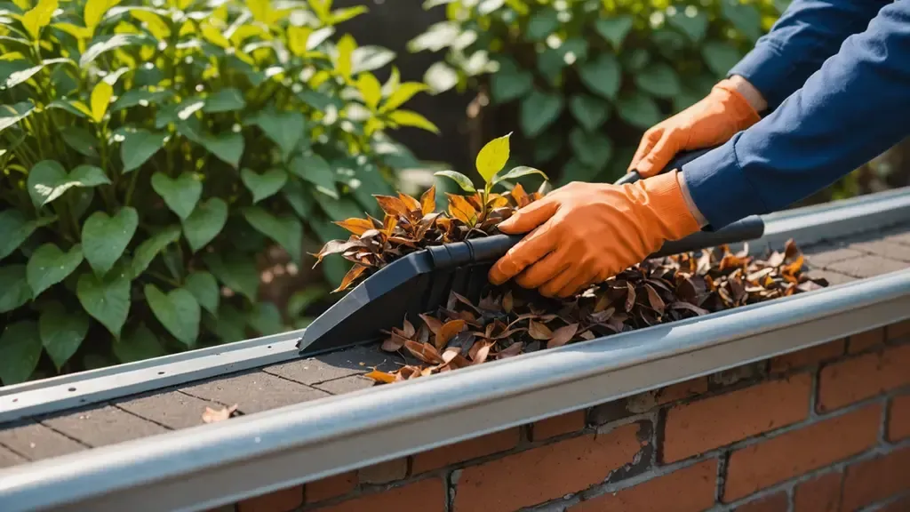 A person is cleaning a gutter with a leaf blower.