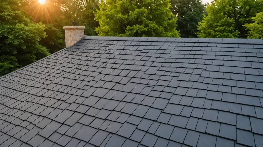 The sun is shining through the trees on the roof of a house.