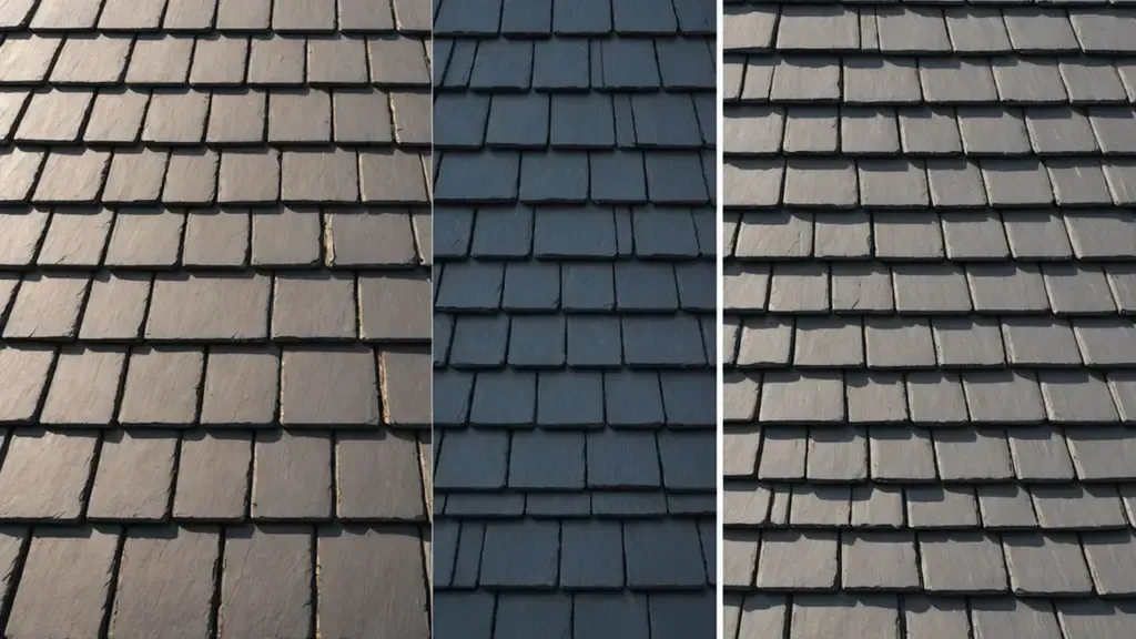 Three different types of shingles are shown on a roof Three different types of shingles are shown on a roof