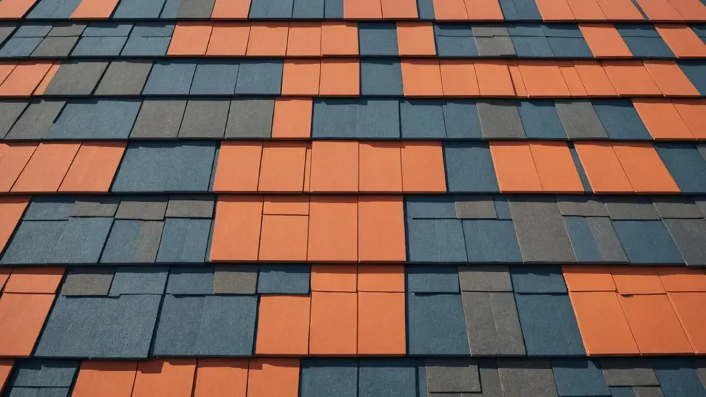 A close up of a roof with red and blue tiles A close up of a roof with red and blue tiles