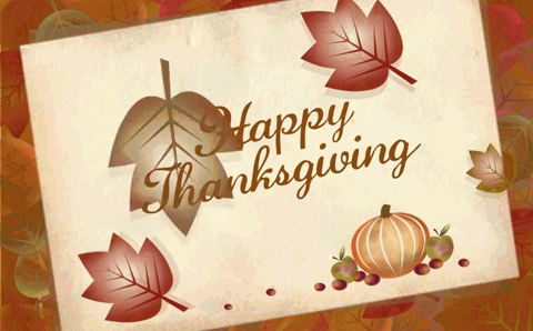 A happy thanksgiving card with leaves and pumpkins on it