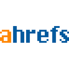 A blue and orange logo for ahrefs on a white background