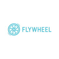 A logo for a company called flywheel with a wheel on a white background.