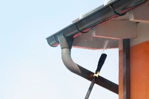 A gutter is being cleaned with a hose on the side of a building.