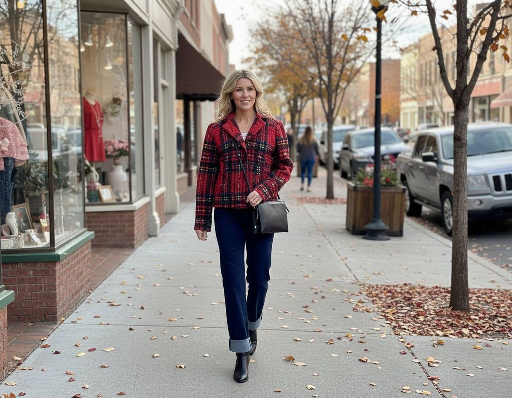 Woman in red plaid jacket and jeans walks down a sidewalk.
