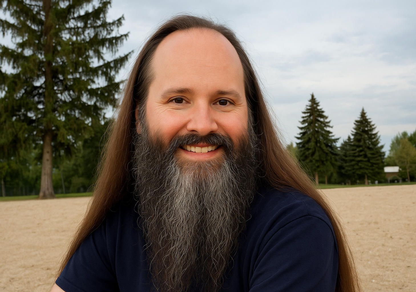 Shawn Aller with long hair and a beard is sitting on the beach.