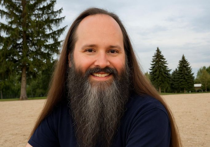 Shawn Aller with long hair and a beard is sitting on the beach.