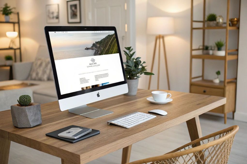 A computer is sitting on a wooden desk in a modern office.