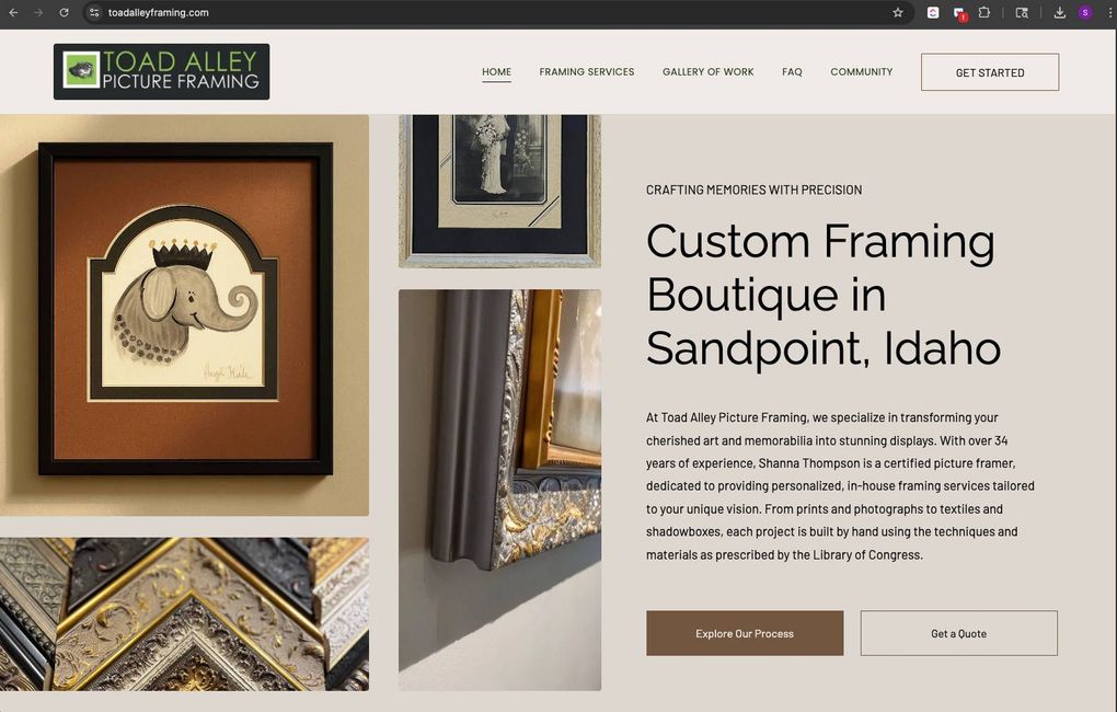 A website for a custom framing boutique in sandpoint idaho