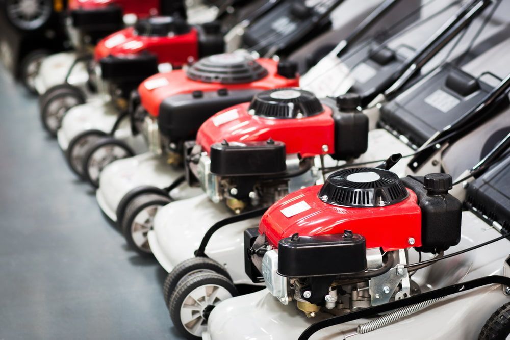 A Row Of Lawn Mowers Are Lined Up In A Showroom — Rocky Small Motor Service In Rockhampton, QLD