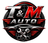 T&M Auto logo with red and silver text over a black circle and crossed wrench and piston icons