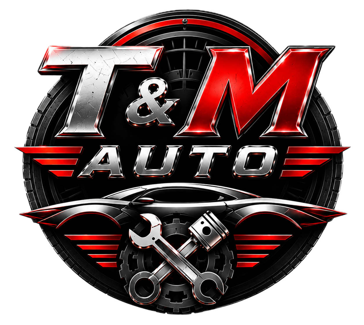 T&M Auto logo with red and silver text over a black circle and crossed wrench and piston icons