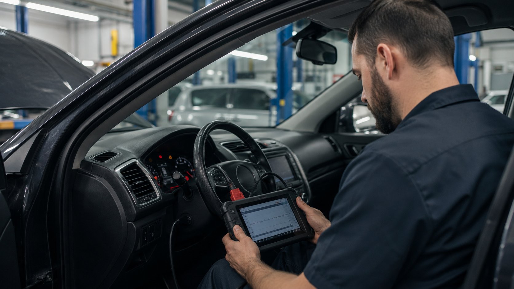 Gloved hands typing on a laptop in a car engine bay, with code glowing on the screen.