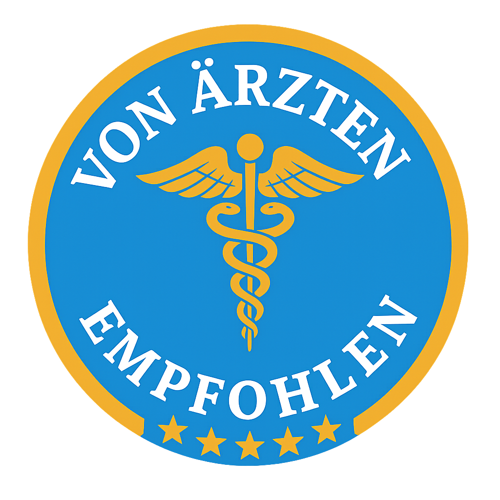 Blaues und gelbes Siegel mit Äskulapstab und dem Text „Von Ärzten Empfohlen“, empfohlen von Ärzten.