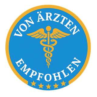Blaues und gelbes Siegel mit Äskulapstab und dem Text „Von Ärzten Empfohlen“, empfohlen von Ärzten.