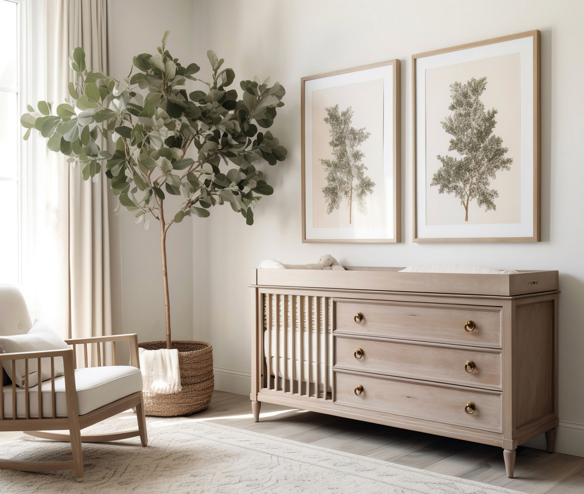 A nursery with a crib , dresser , chair , and potted plant.