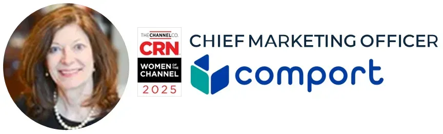 A woman is smiling in a circle next to a chief marketing officer logo.