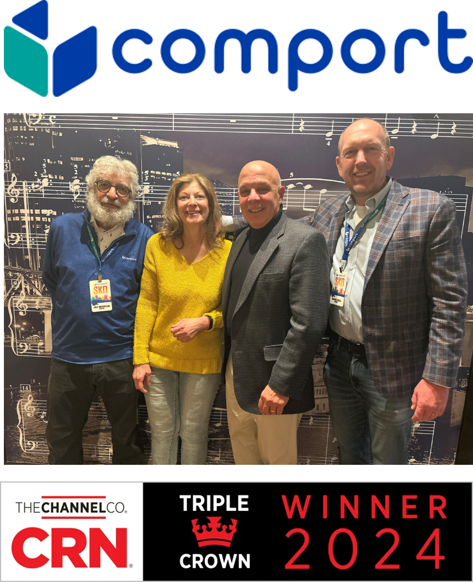 A group of people standing in front of a comport logo