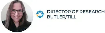 A picture of a woman with glasses and the name director of research butler / till.