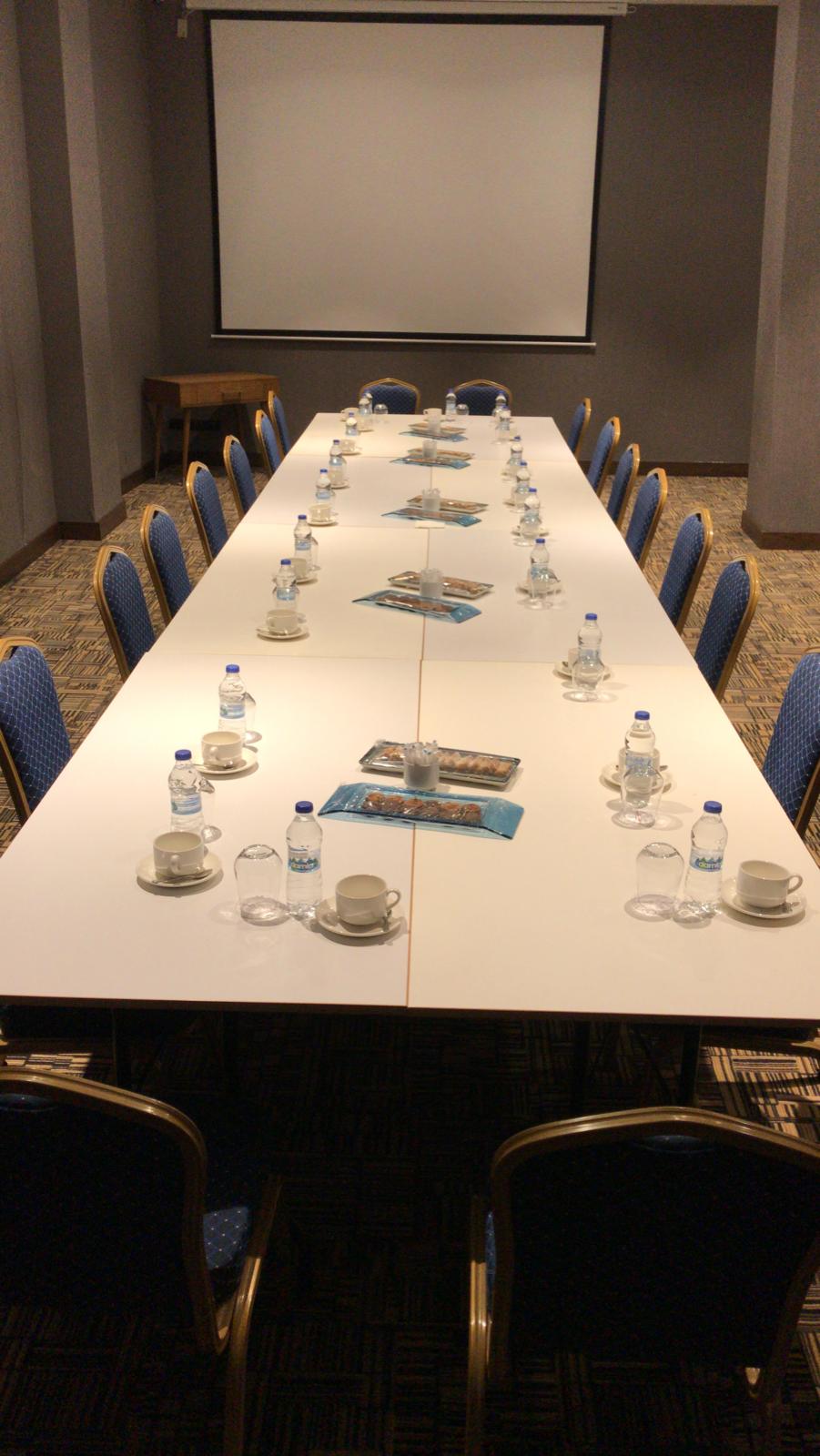 Ein Konferenzraum mit einem langen Tisch und Stühlen sowie einer Projektionsleinwand.