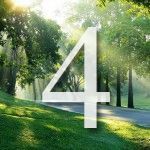 Large white number 4 overlaid on a sunny park scene with trees.