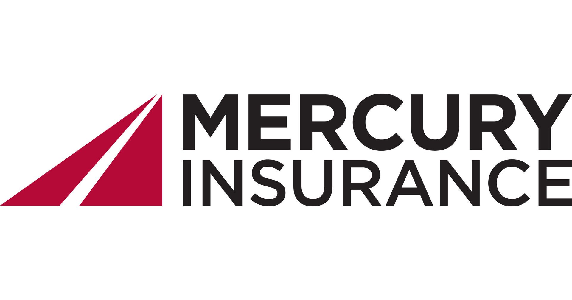 The logo for mercury insurance is red and black with a red arrow.