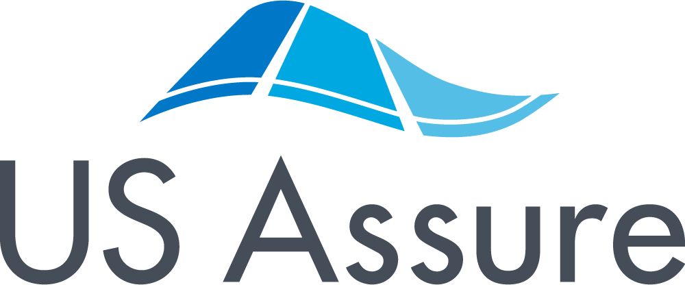 A logo for us assure with a blue wave on a white background.