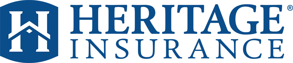 A blue and white logo for heritage insurance