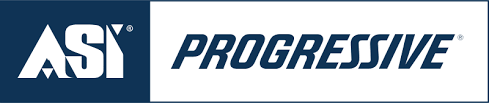 A blue and white progressive logo on a white background