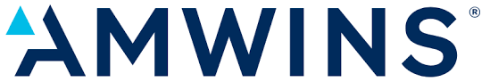 A blue and white logo for amwins on a white background