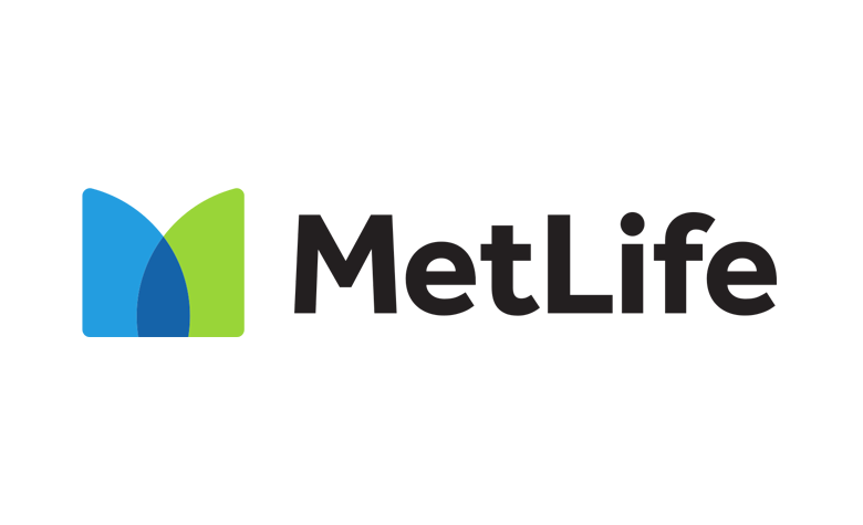 A metlife logo with a blue and green m on a white background.