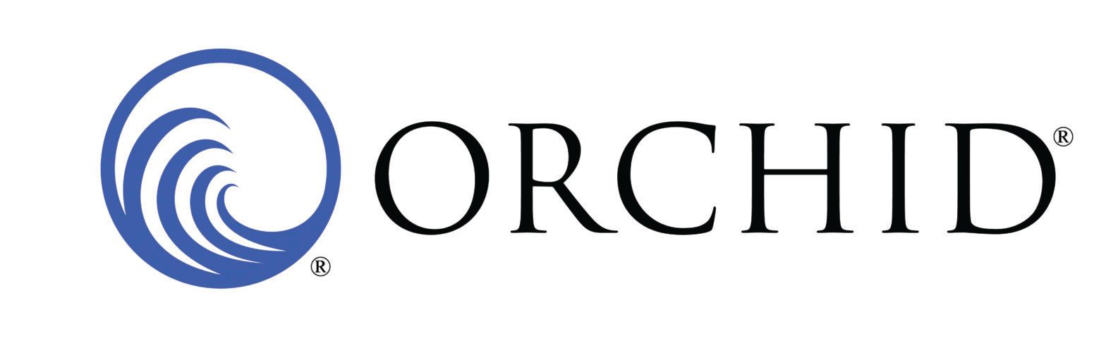 The logo for orchid is a blue circle with a wave in the middle.
