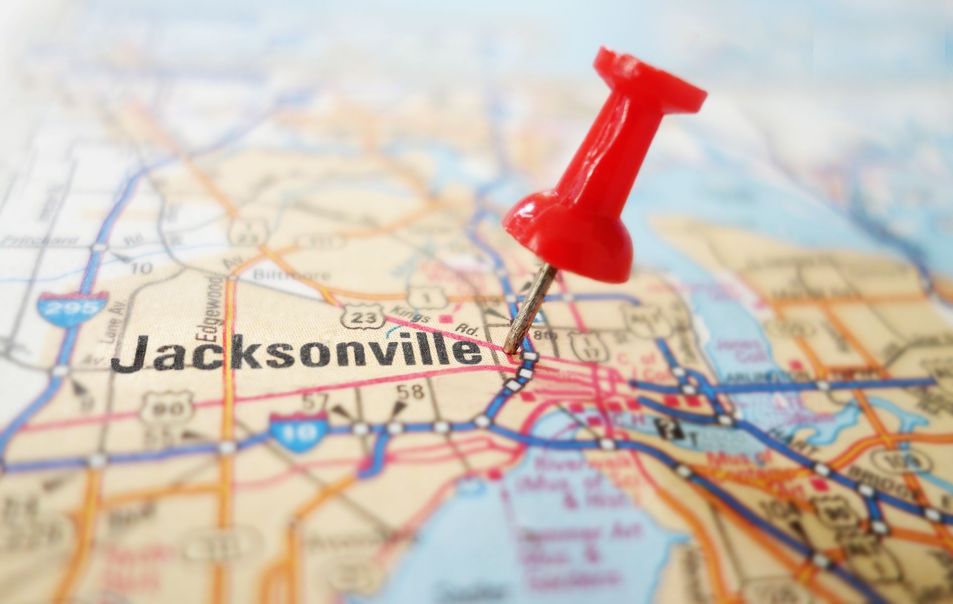 A red pin is pinned to a map of jacksonville
