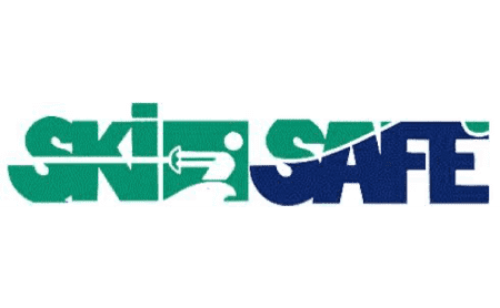 A blue and green ski safe logo on a white background