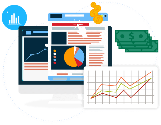 An illustration of a computer screen with graphs and money