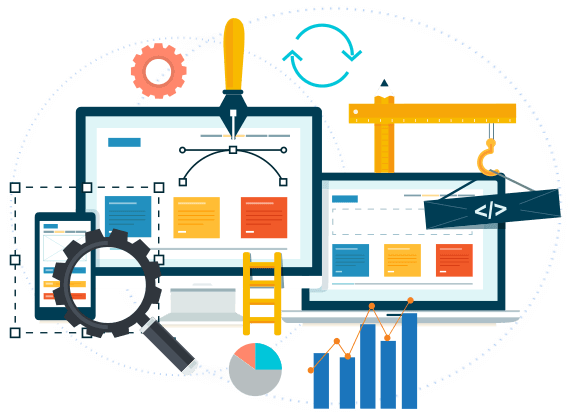 A cartoon illustration of a website being built.
