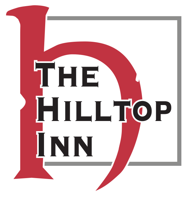 A red and white logo for the hilltop inn