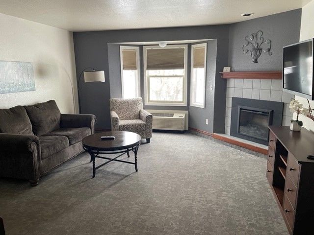 A living room with a couch a chair and a fireplace