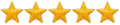 Five gold stars are lined up in a row on a white background.