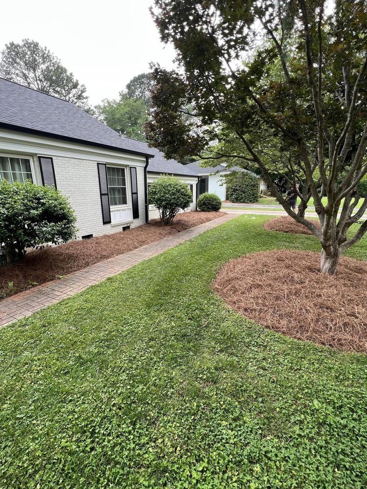 A white house with a lush green lawn and trees in front of it.