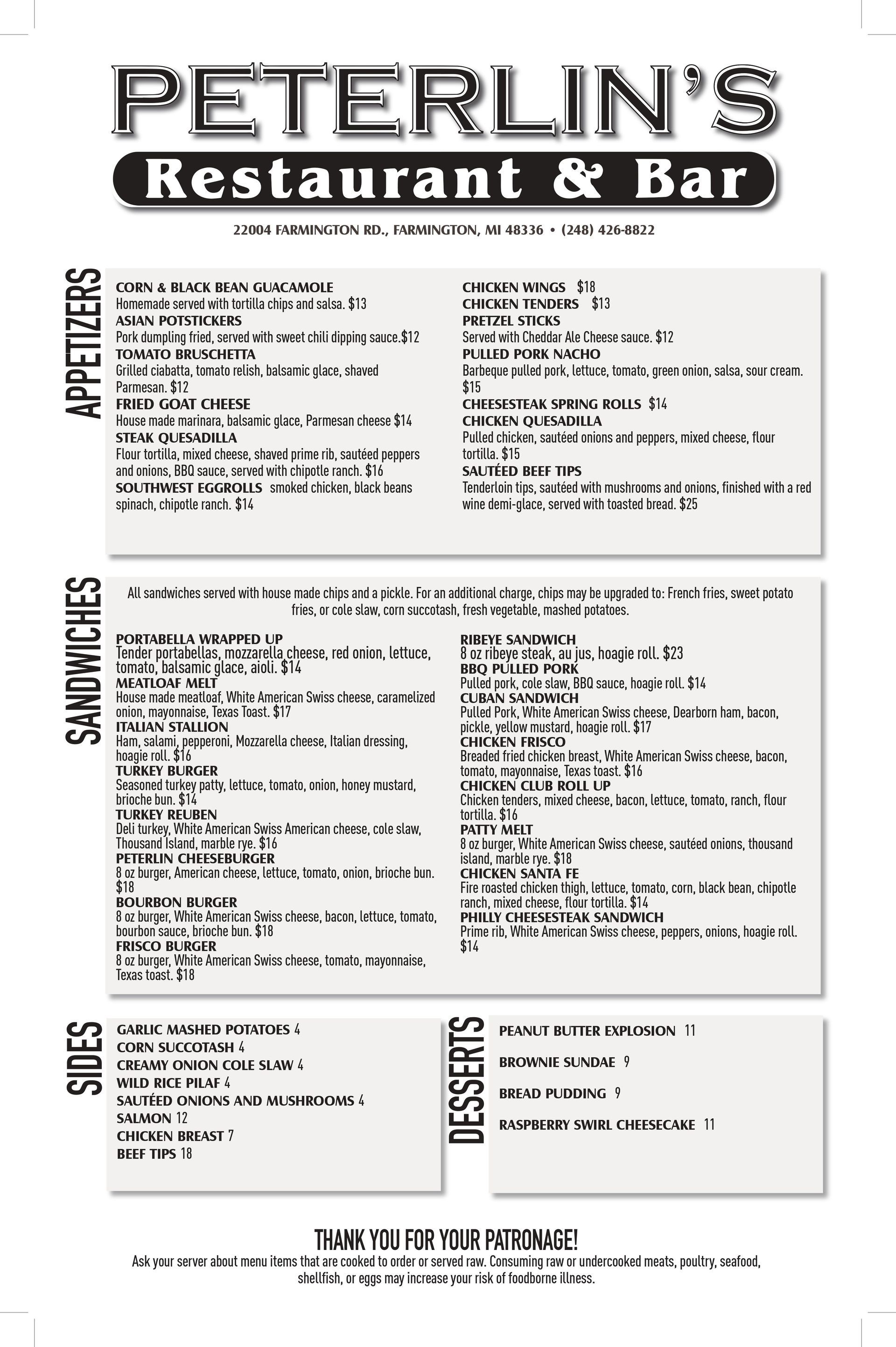 A menu for peterlin 's restaurant and bar.