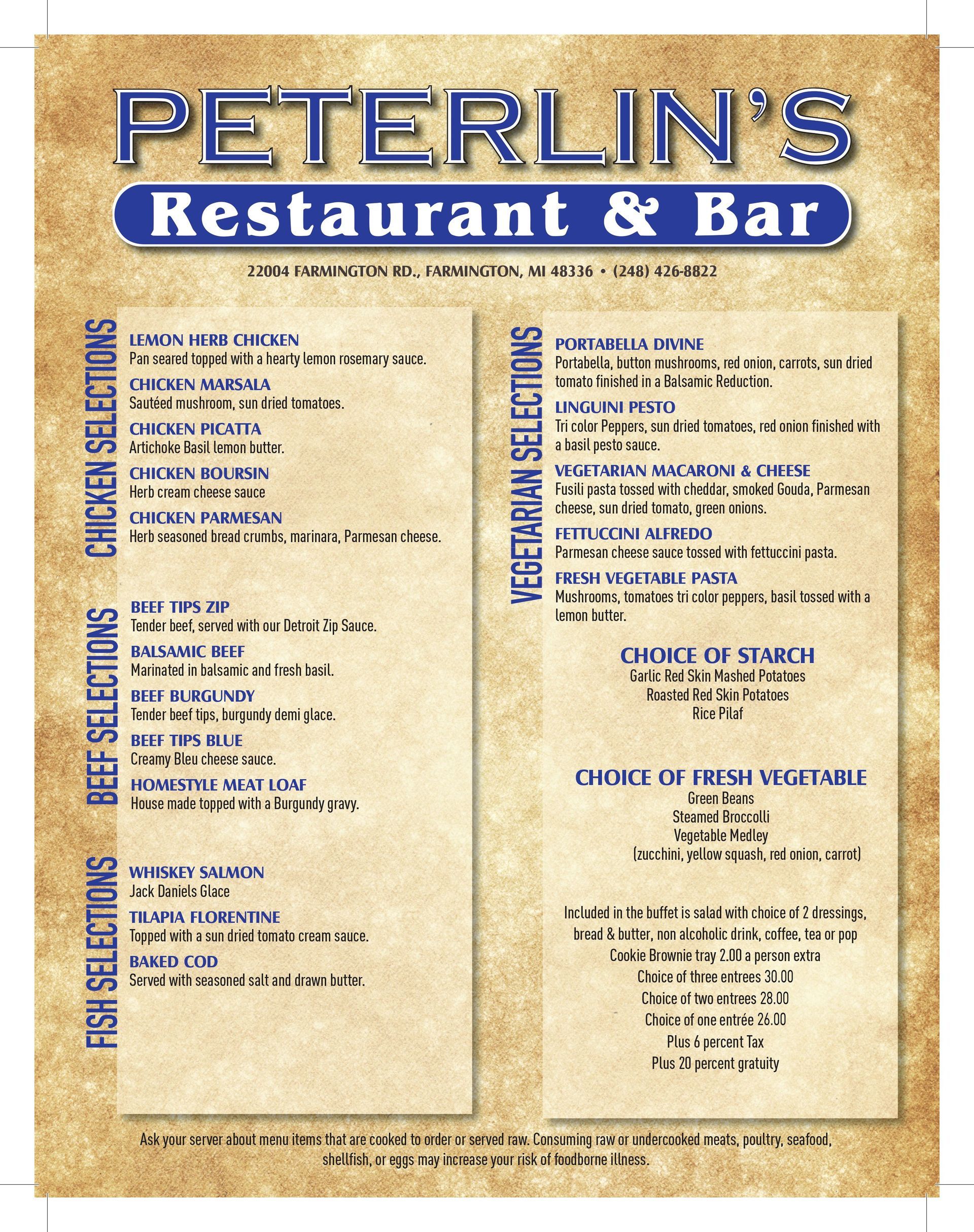 A menu for peterlin 's restaurant and bar.