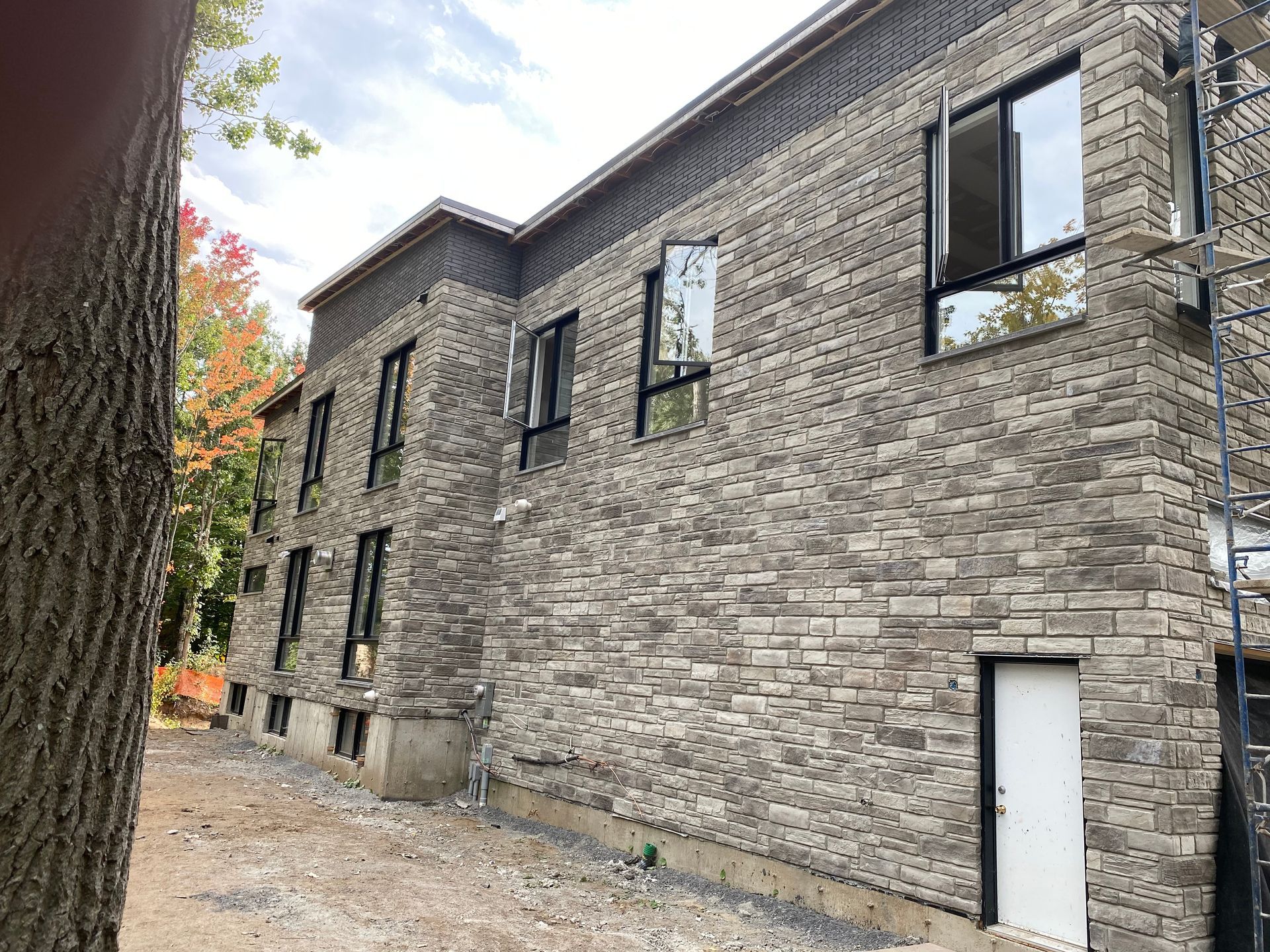 Un grand bâtiment en brique avec beaucoup de fenêtres et un arbre devant.