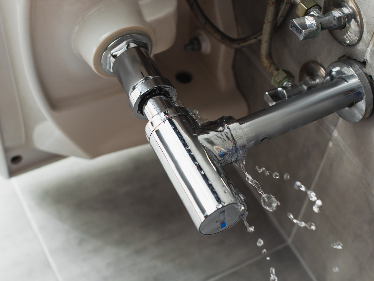 Leaking chrome sink pipe under a white sink in a bathroom, water dripping down.
