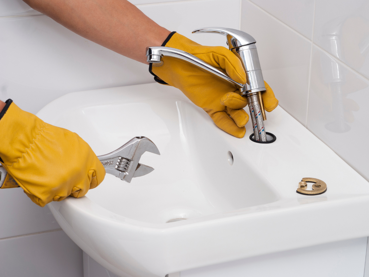 Plumber wearing yellow gloves, installing a faucet in a white sink, using a wrench.
