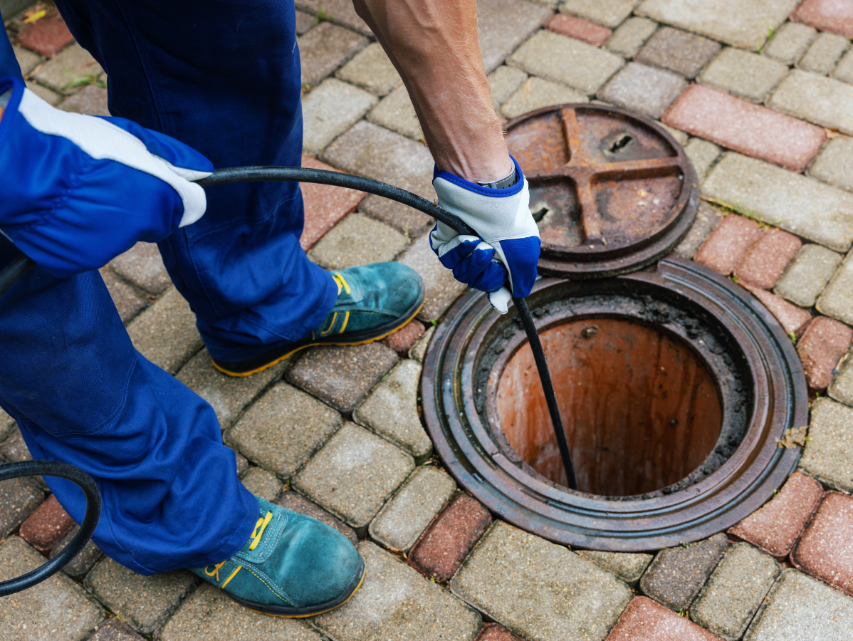 Person in blue overalls and gloves using a snake tool to inspect an open sewer manhole on a brick surface.