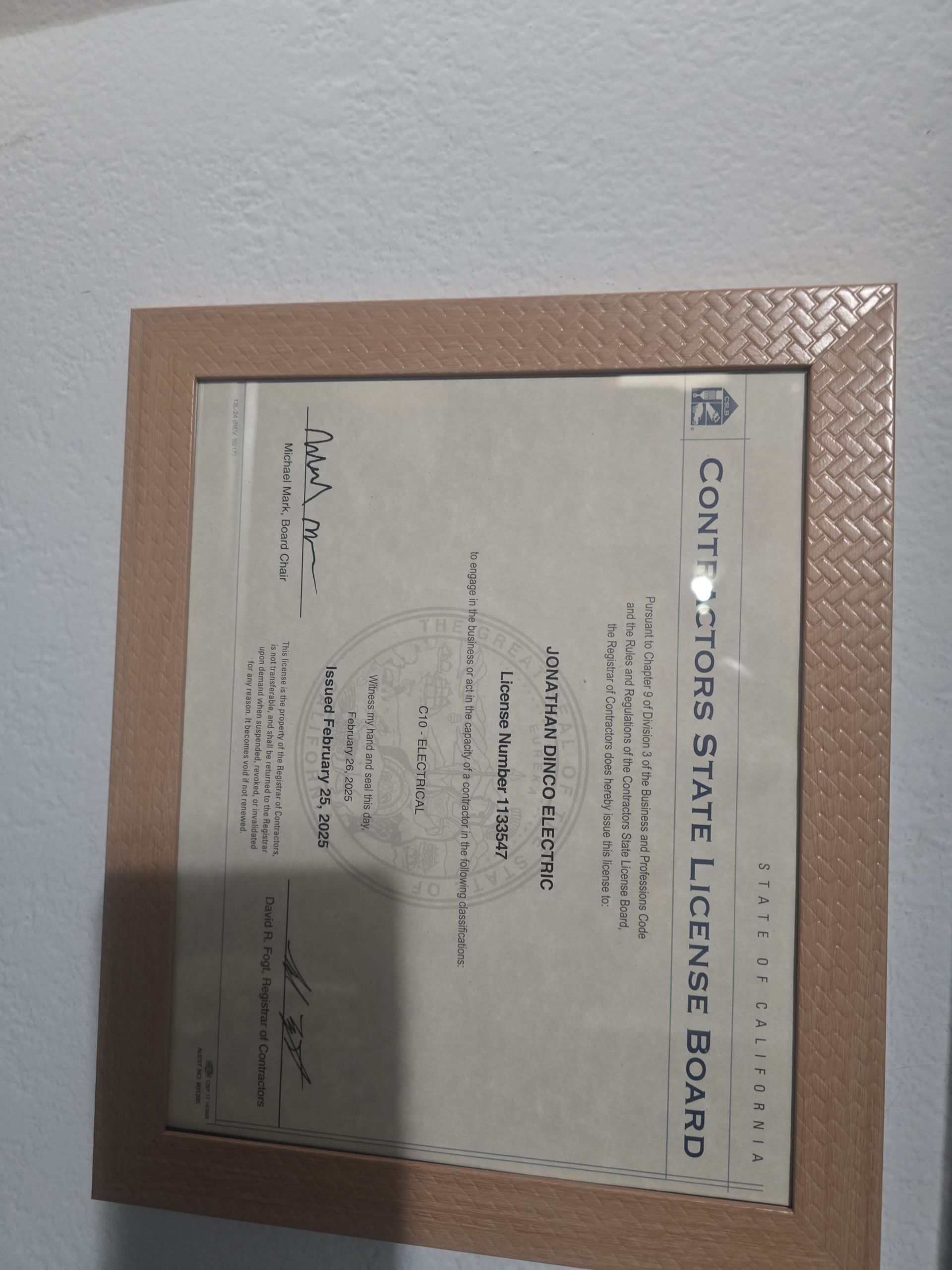 Framed California Contractors State License Board document.