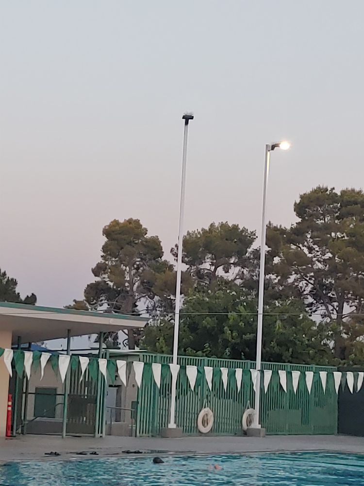 Swimming pool with flags and lights, green and white accents. Evening sky.
